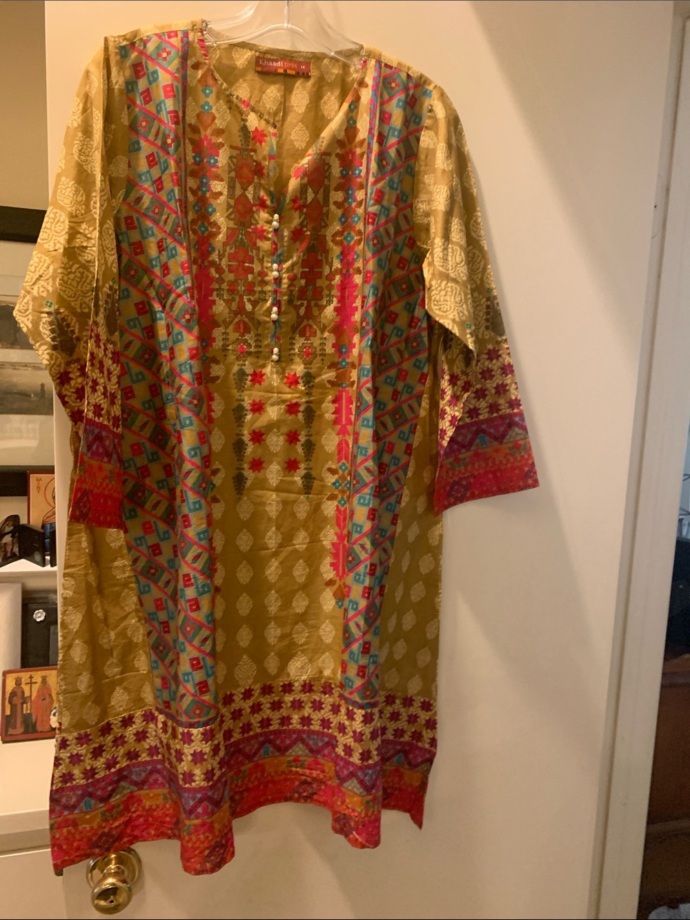 Boho Embroidered Tunic Dress in Mustard with Multicolor Accents